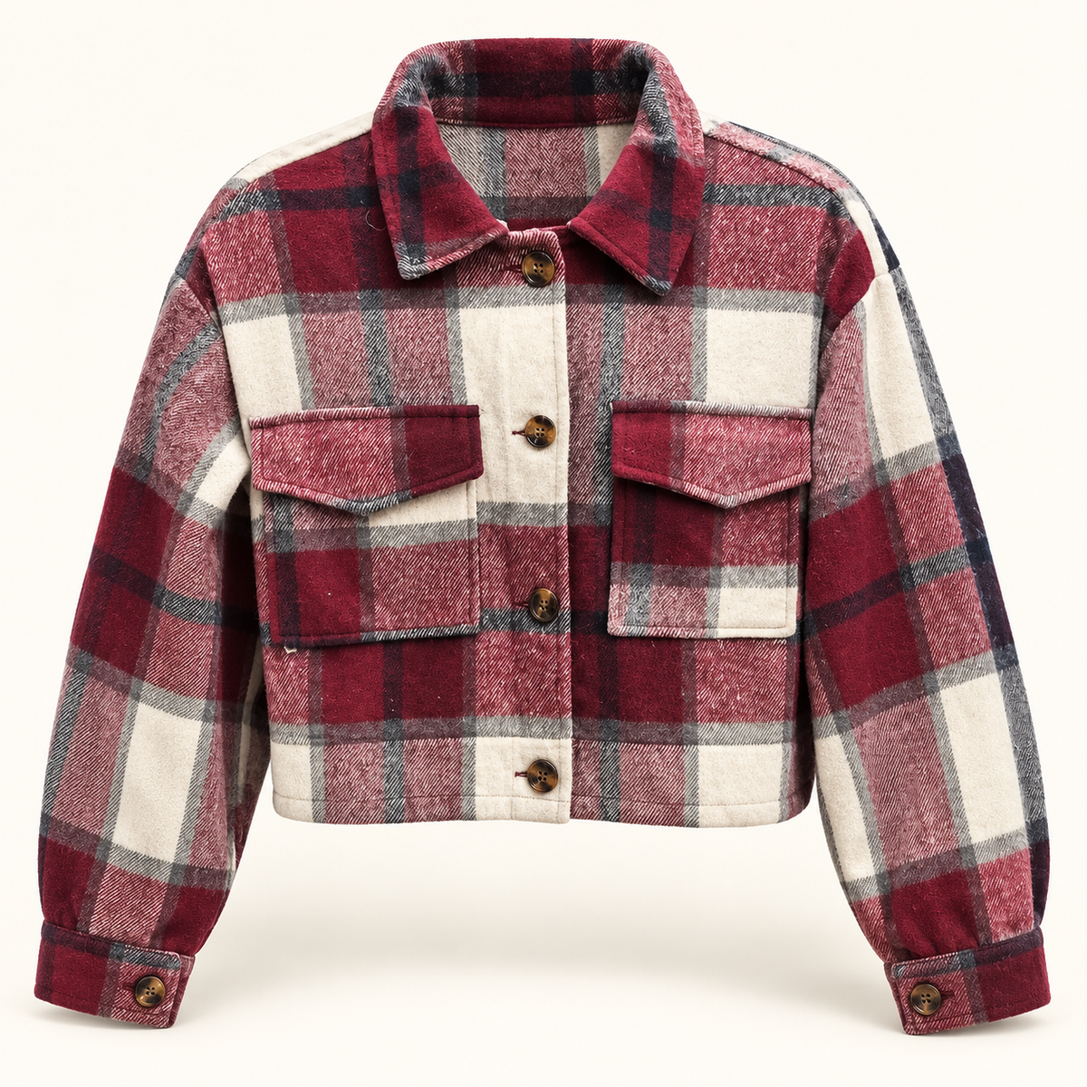 Roux cropped flannel jacket in red plaid front view