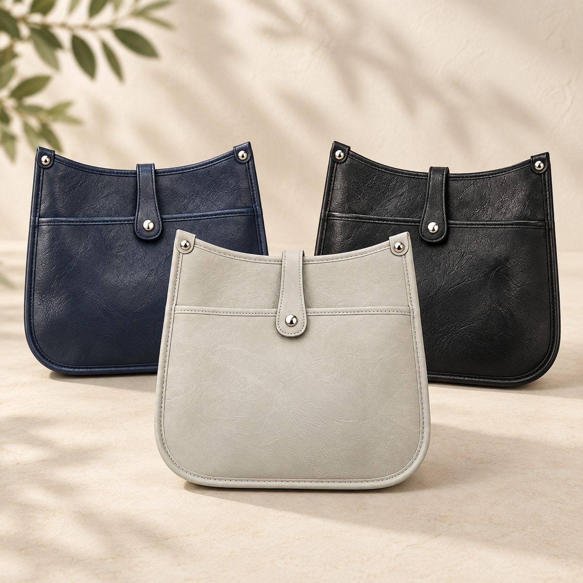 Sadie crossbody bags in blue, black, and grey