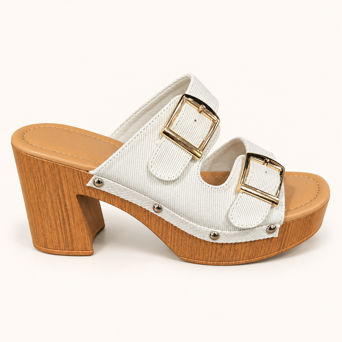 Sarai beige double-buckle platform heel sandal
