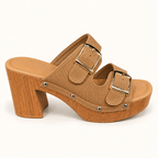 Sarai tan double-buckle platform heel sandal