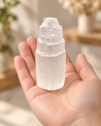 Palm-sized selenite mini tower held for scale