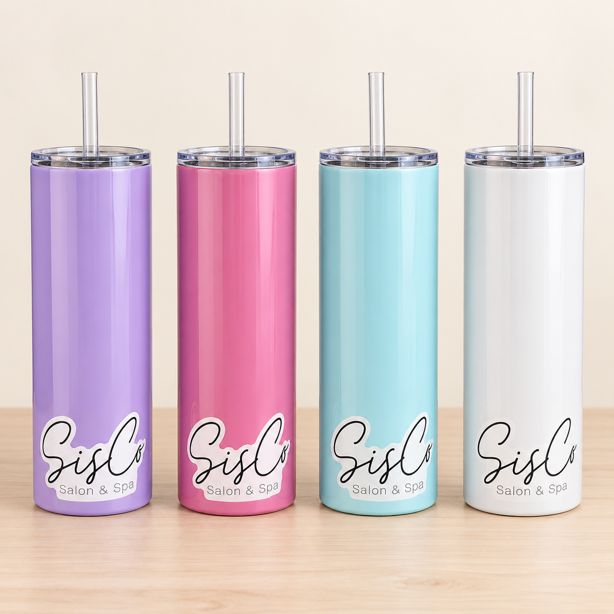 SisCo large tumblers in purple, pink, blue, and white