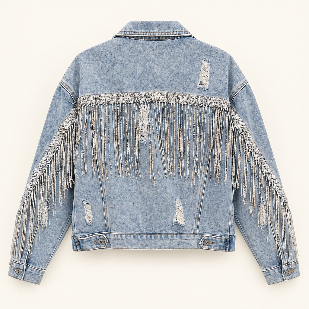 Sparkle light wash sequin fringe distressed denim jacket back view