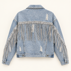 Sparkle light wash sequin fringe distressed denim jacket back view