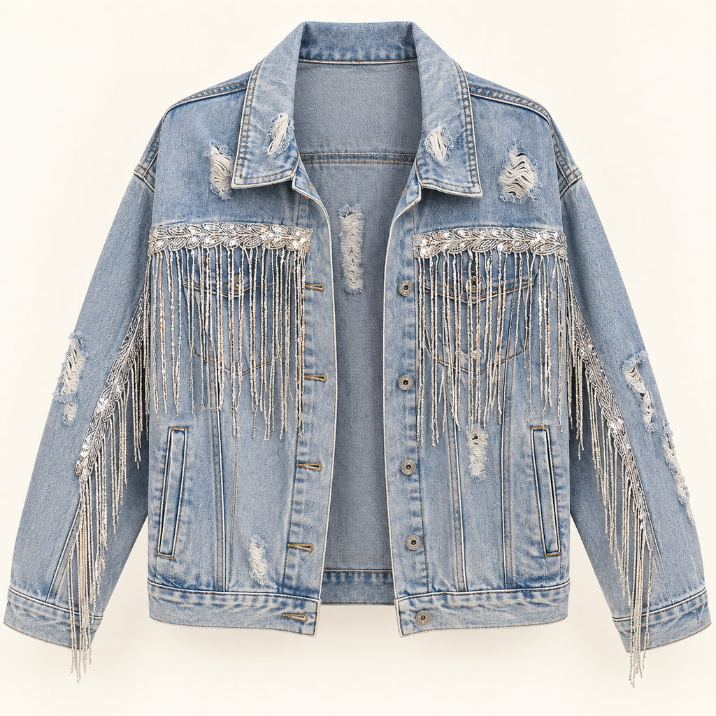 Sparkle light wash sequin fringe distressed denim jacket front view