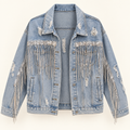 Sparkle light wash sequin fringe distressed denim jacket front view