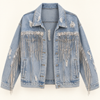 Sparkle light wash sequin fringe distressed denim jacket front view