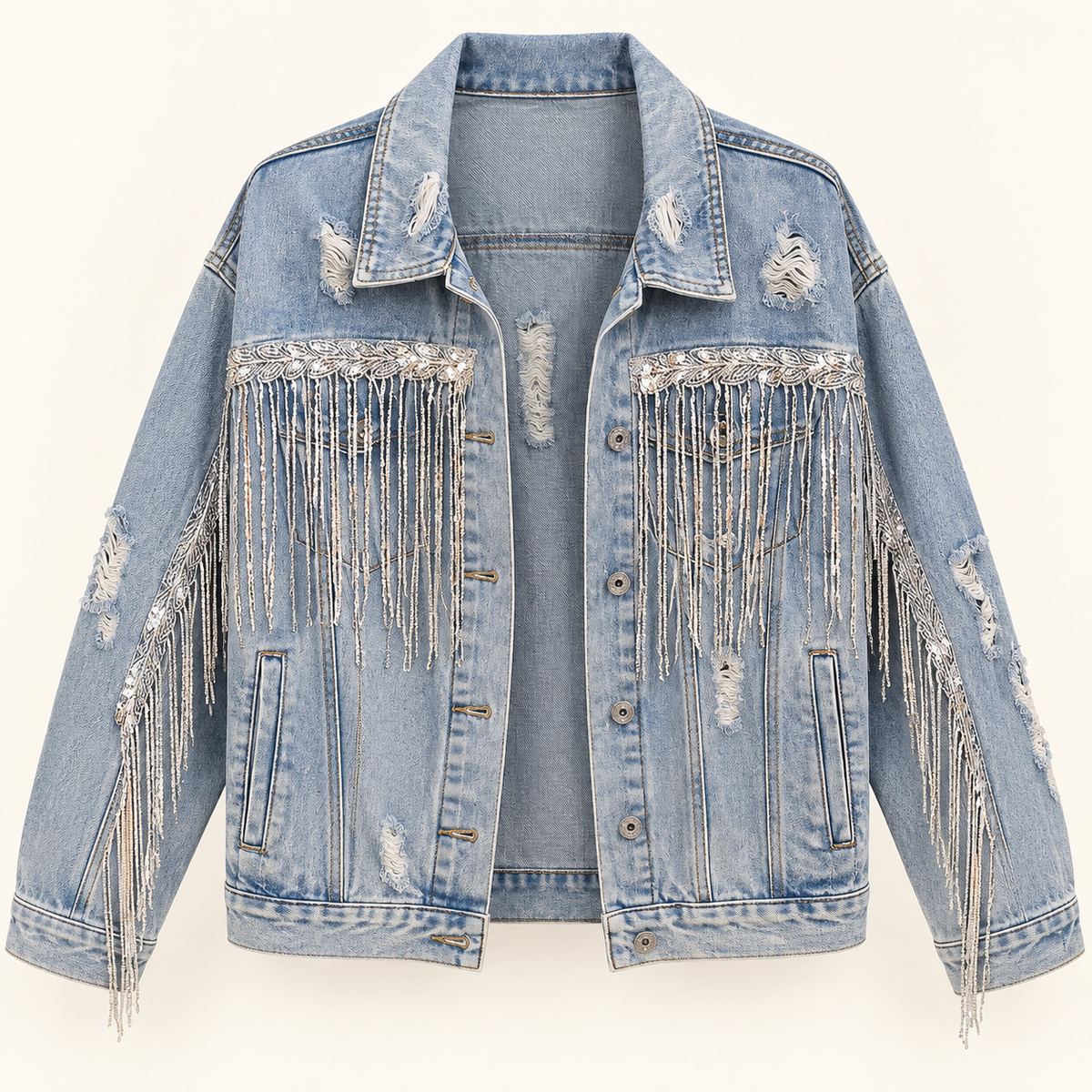 Sparkle light wash sequin fringe distressed denim jacket front view