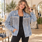 Model wearing the Sparkle light wash sequin fringe distressed denim jacket