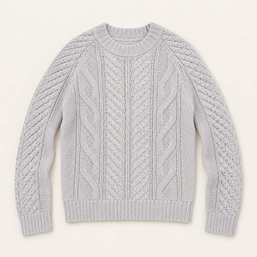 Sparrow pale gray cable knit sweater front view