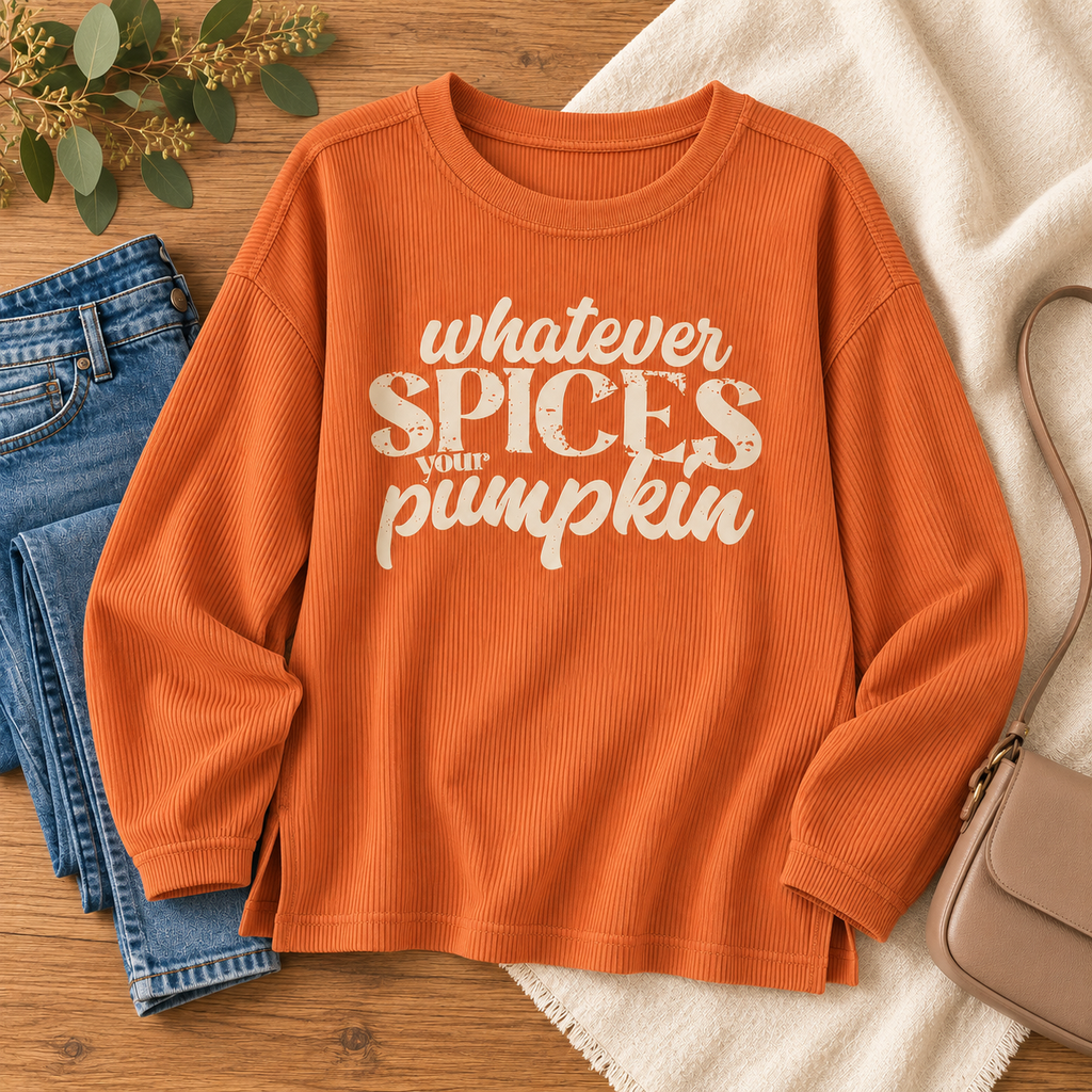 Spice burnt orange ribbed fall graphic top styled flat lay