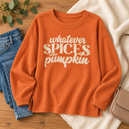 Spice burnt orange ribbed fall graphic top styled flat lay