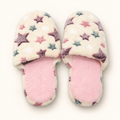 Star ivory plush slippers with pink footbeds and multicolor star print