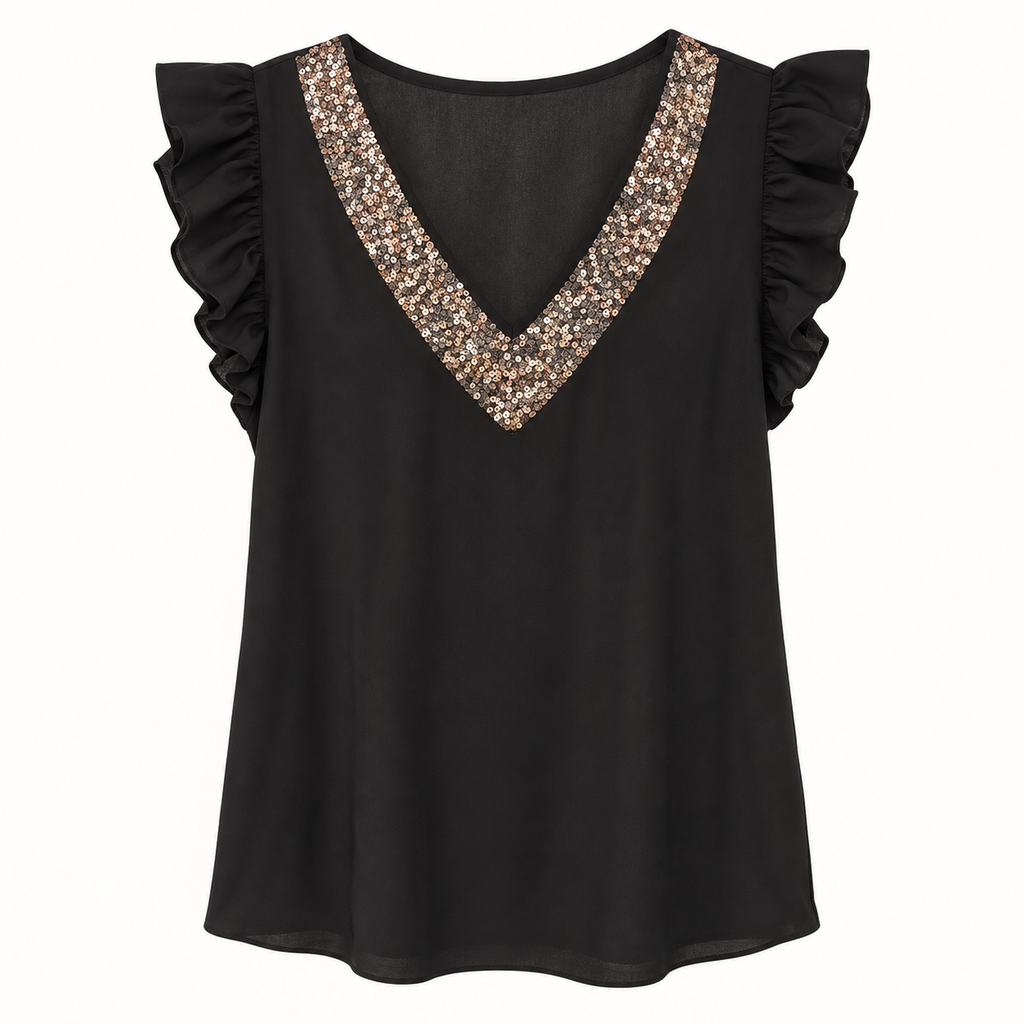 Stella black sequin V-neck flutter-sleeve top front view