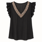 Stella black sequin V-neck flutter-sleeve top front view