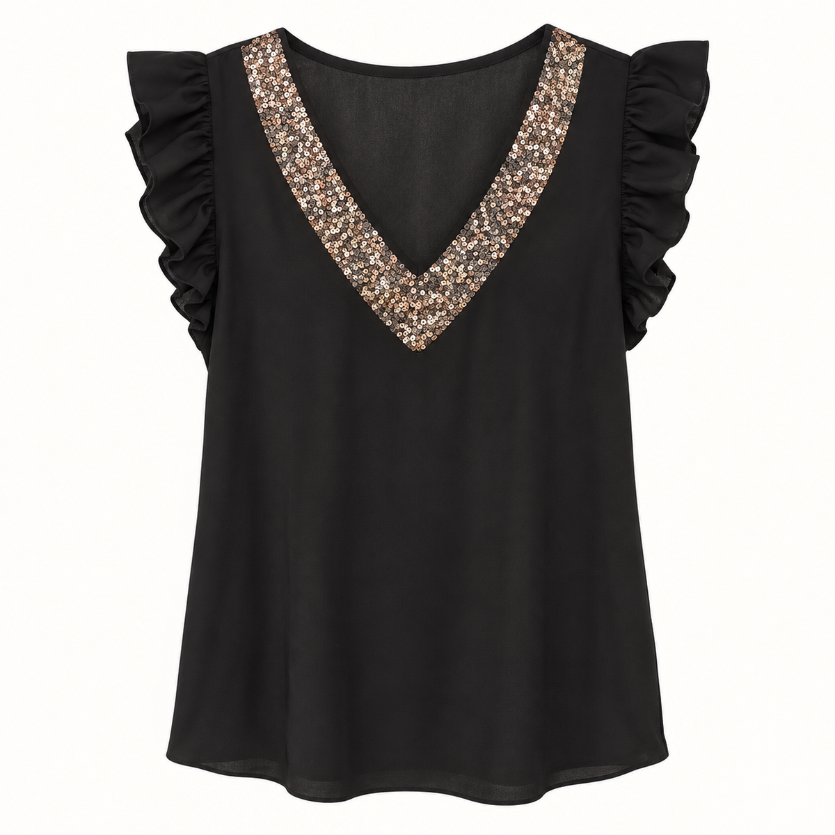 Stella black sequin V-neck flutter-sleeve top front view