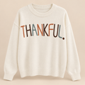 Thankful ivory knit sweater with multicolor embroidered lettering