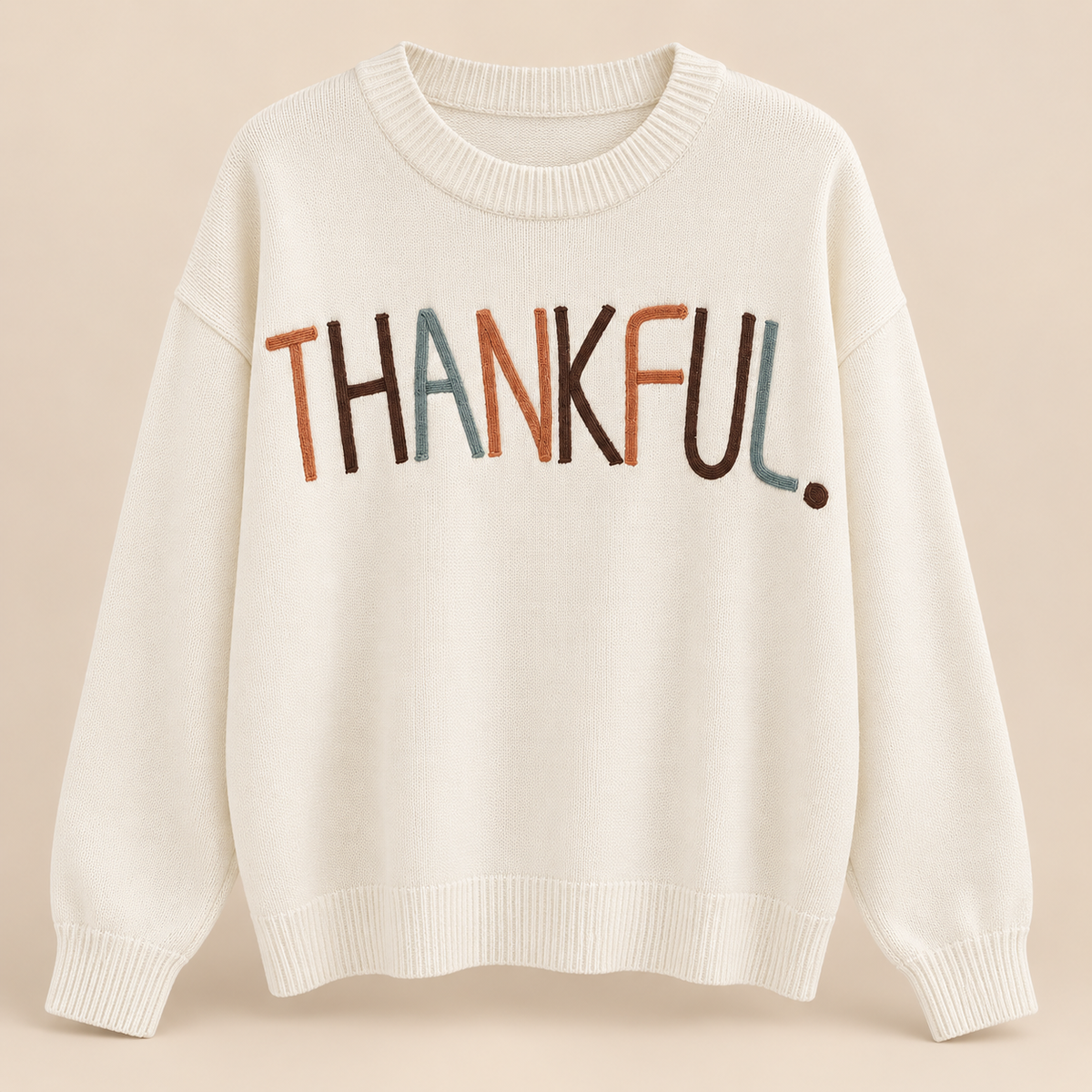 Thankful ivory knit sweater with multicolor embroidered lettering