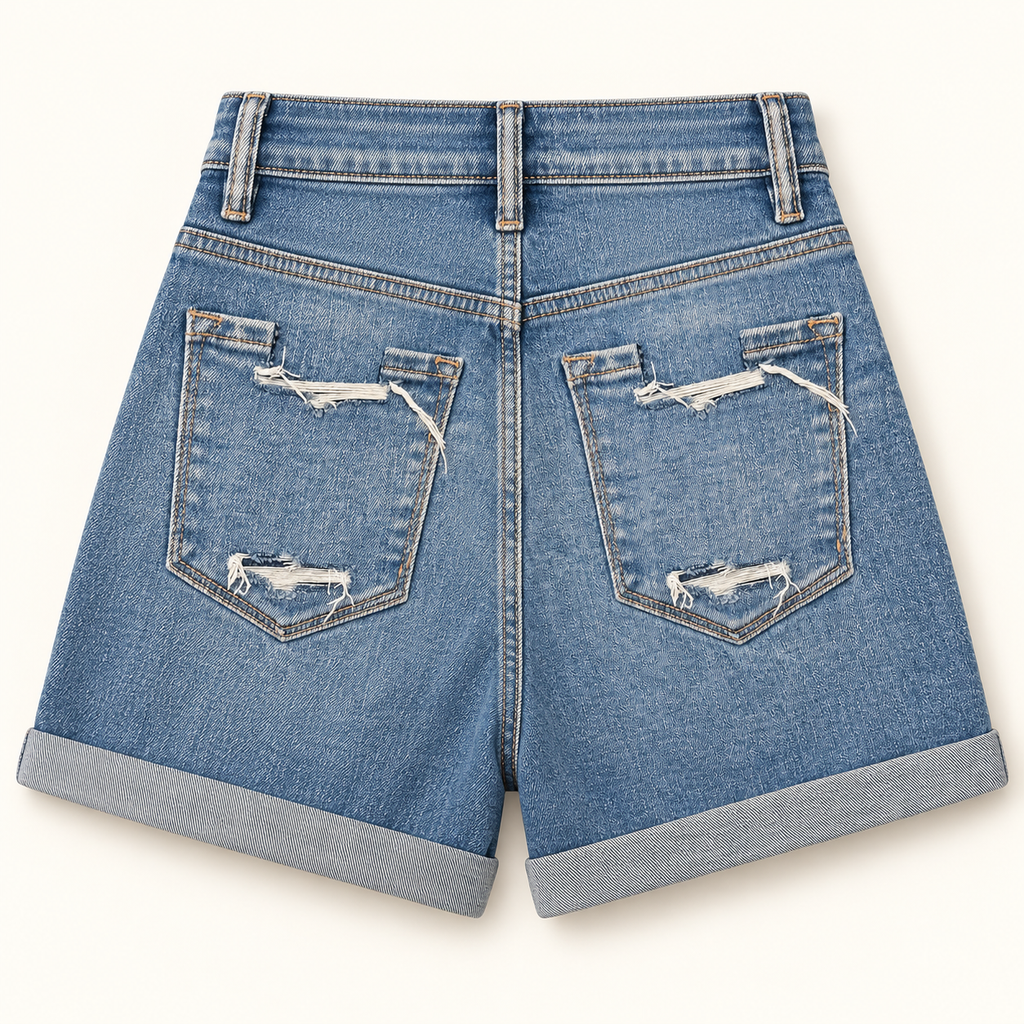 Vervet Shorts back view in medium wash distressed denim