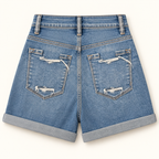 Vervet Shorts back view in medium wash distressed denim