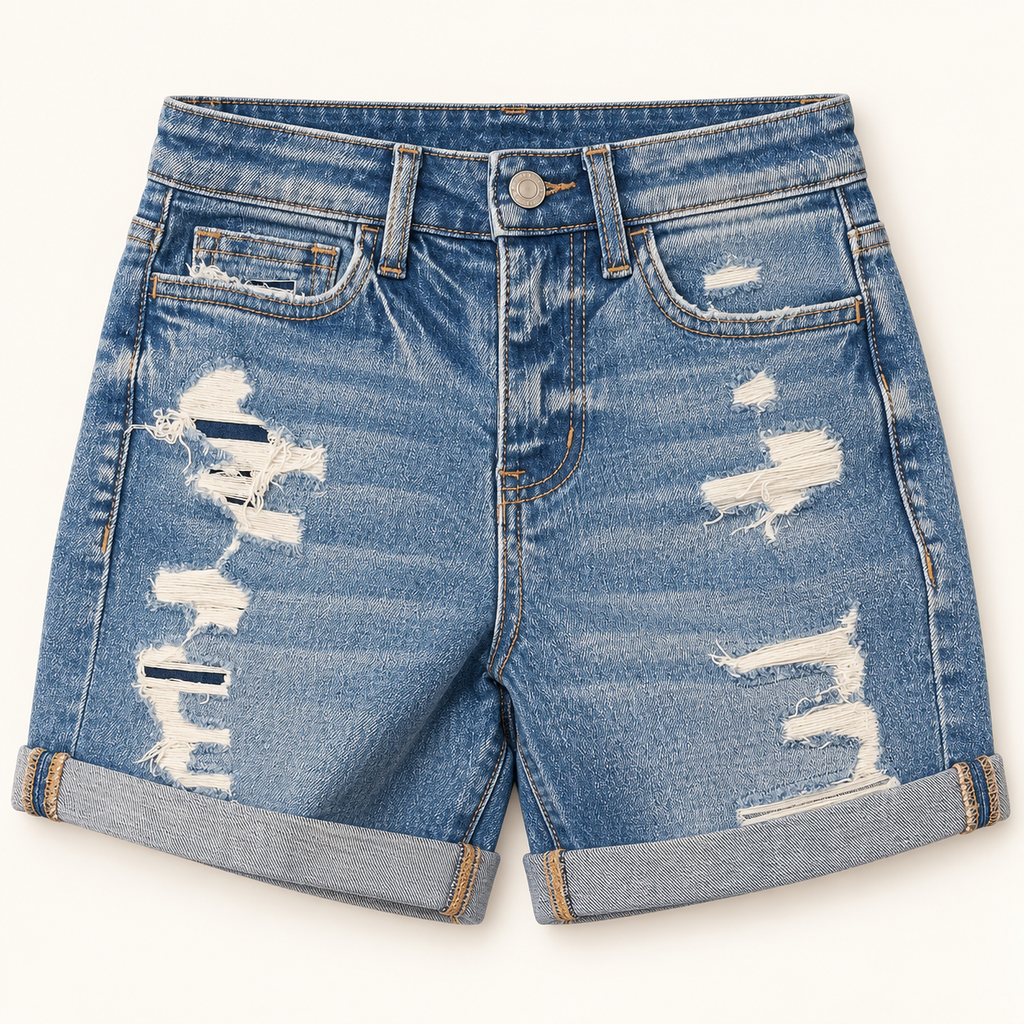Vervet Shorts front view in medium wash distressed denim