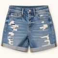 Vervet Shorts front view in medium wash distressed denim