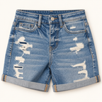 Vervet Shorts front view in medium wash distressed denim
