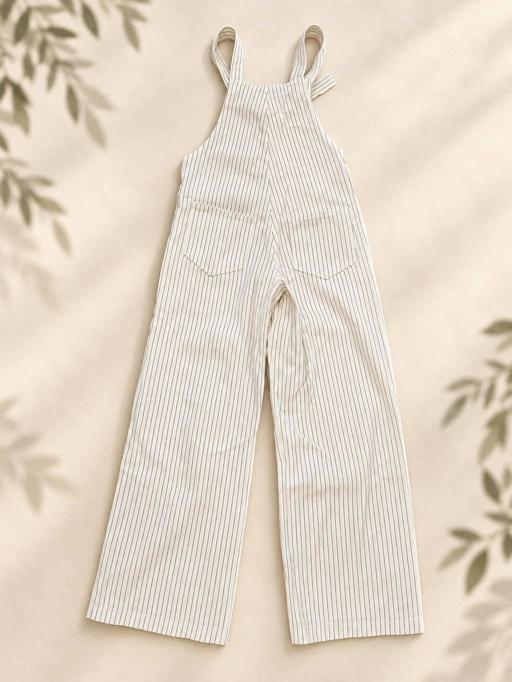 White Striped Bibs ivory pinstripe overalls back view