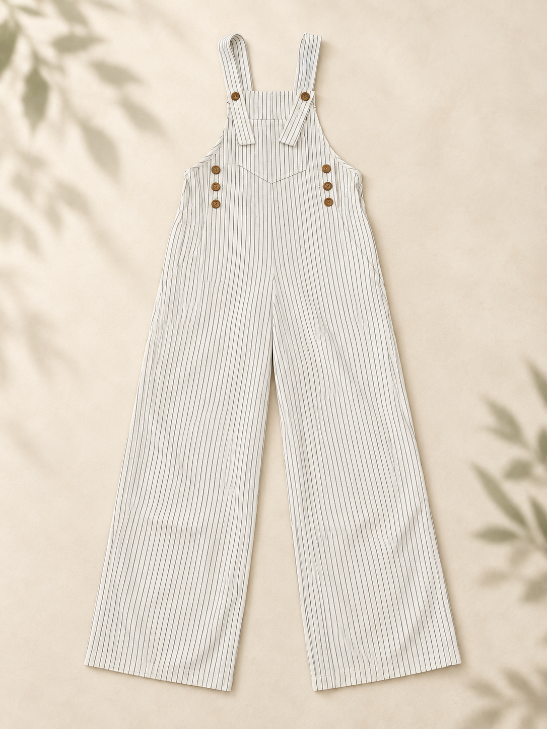 White Striped Bibs ivory pinstripe overalls front view