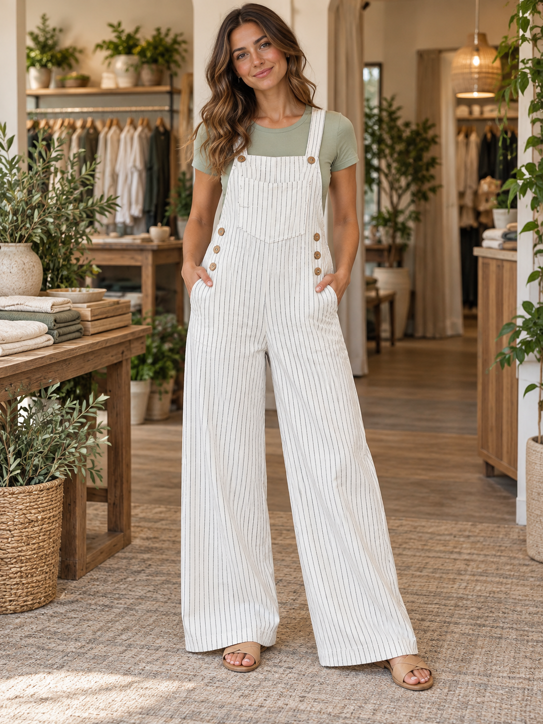 Model wearing White Striped Bibs