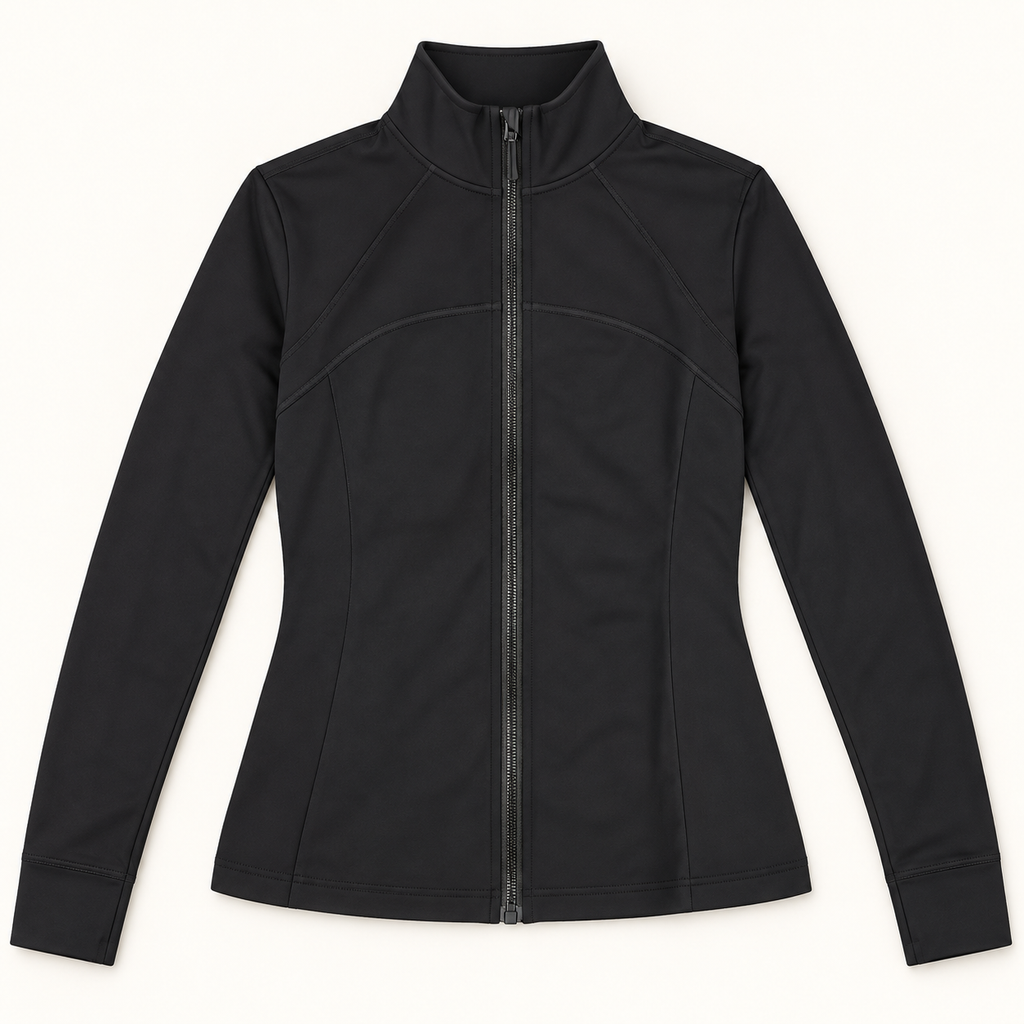 Black fitted full-zip athletic jacket, style WT16, front view