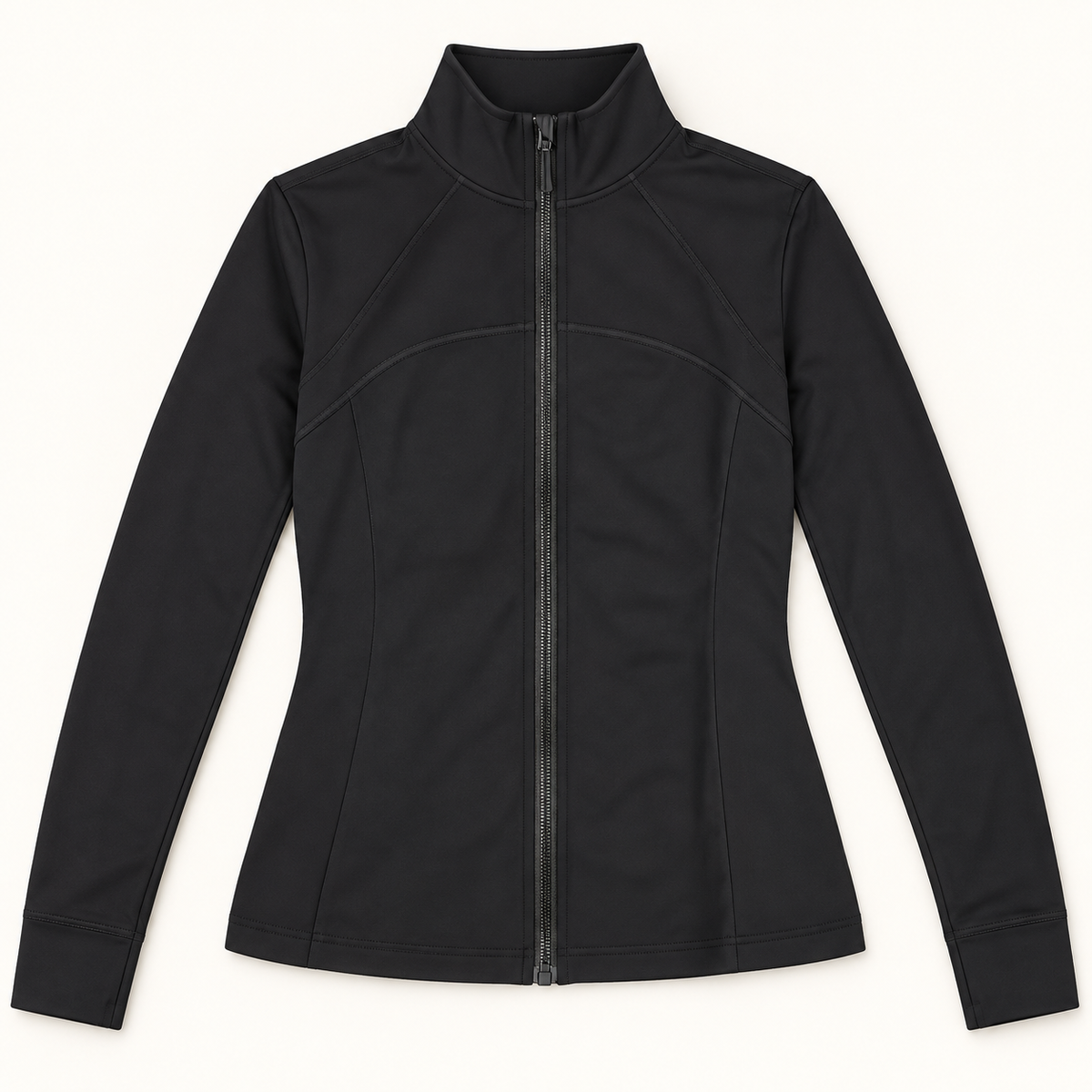 Black fitted full-zip athletic jacket, style WT16, front view