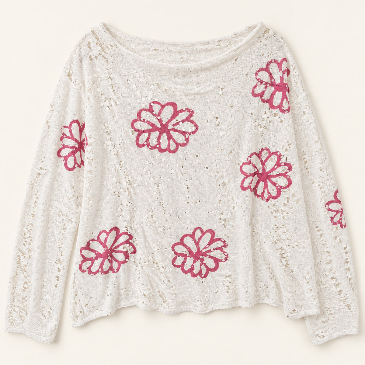Y2K white distressed knit top with pink floral print